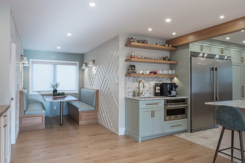 Breakfast Booth, Nook with wooden booth chairs and green leather upholstery, Coffee bar with sink